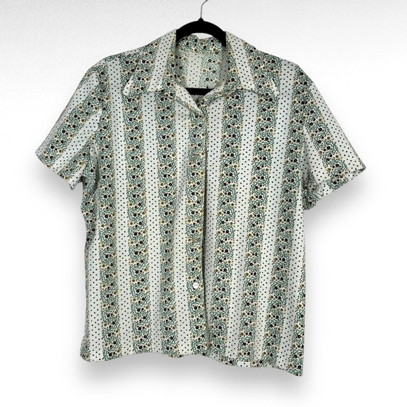 Vintage Tops - Vintage 70's Button Down Blouse Short Sleeve Top White Polka Dot Floral Large